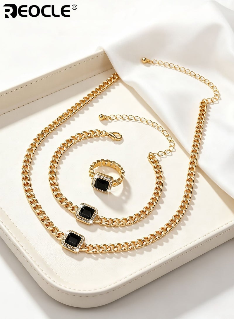 REOCLE 3PCS Women's Chain Jewelry Set Three-Piece Collection of Choker Necklace Bracelet & Ring with Square Accent Details for Bold Styling & Formal Occasions - Image 5