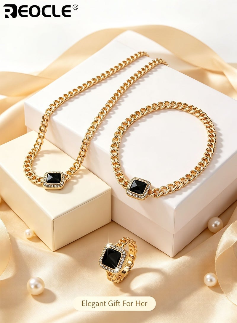 REOCLE 3PCS Women's Chain Jewelry Set Three-Piece Collection of Choker Necklace Bracelet & Ring with Square Accent Details for Bold Styling & Formal Occasions - Image 3