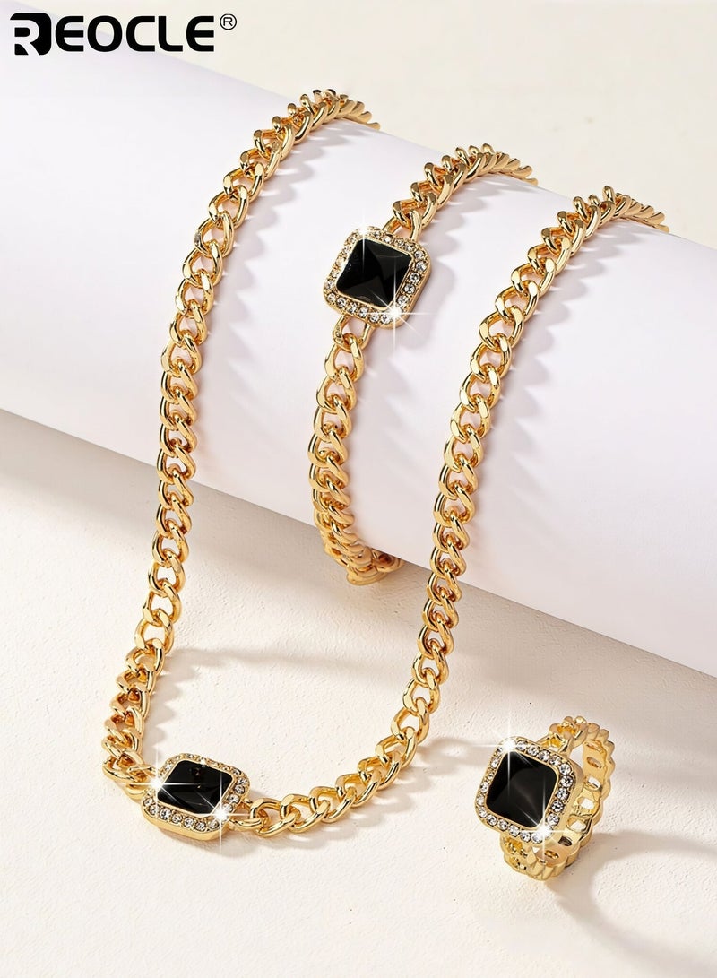REOCLE 3PCS Women's Chain Jewelry Set Three-Piece Collection of Choker Necklace Bracelet & Ring with Square Accent Details for Bold Styling & Formal Occasions - Image 2