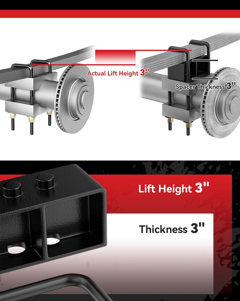 PROEZE 3" Rear Leveling Lift Block Kits for 2004-2020 F150, 3 inch Rear Black Leveling Lift Block Kit Extended Square U-Bolts Compatible with 2004-2020 F150 2WD 4WD - Image 4