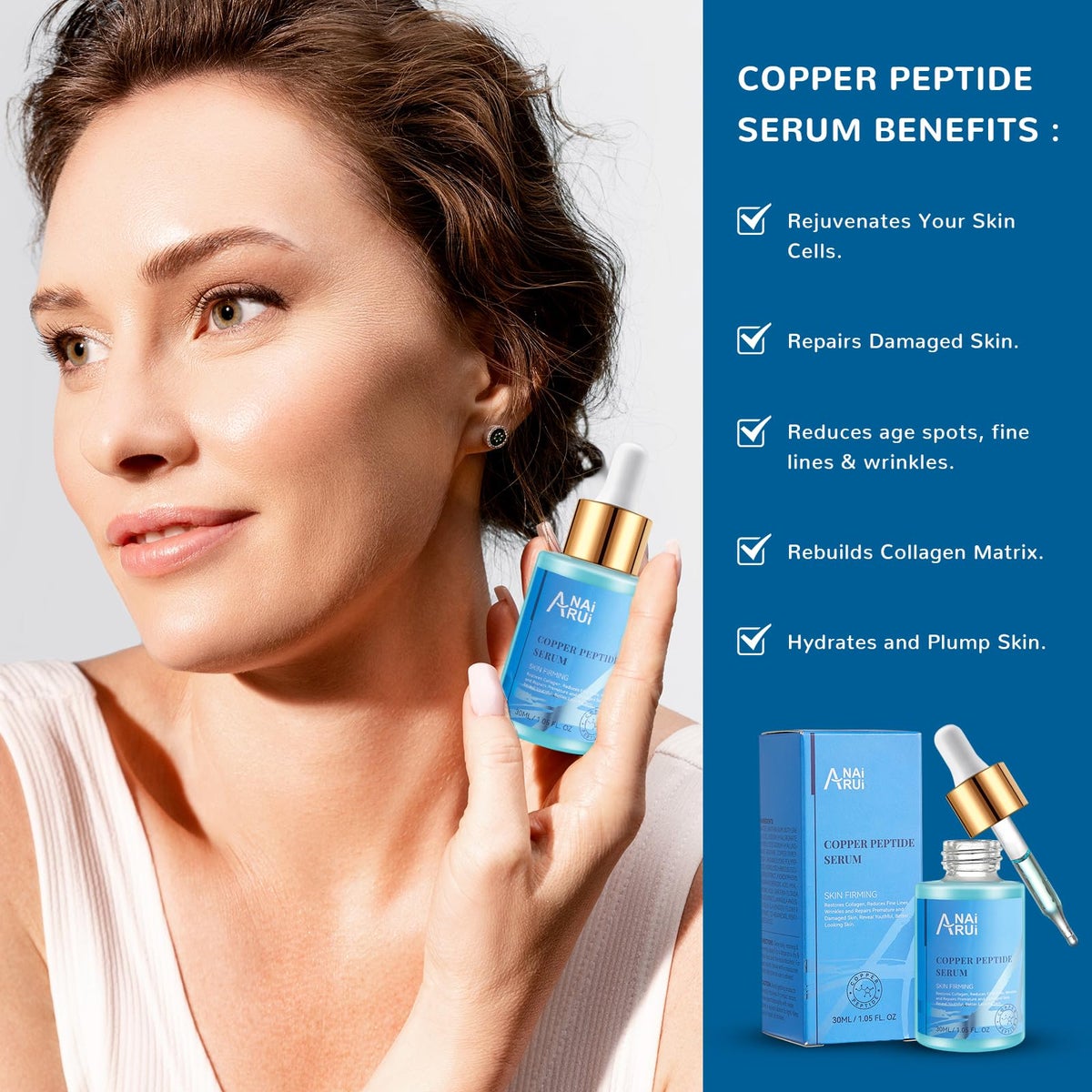 ANAI RUI ANAI RUI Copper Peptides Serum for Face -Ghk-Cu Peptide Serum + Hyaluronic Acid - Reduces Fine Lines & Wrinkles, Plumping and Radiant Skin, 1.fl.Oz | Best Price Kuwait