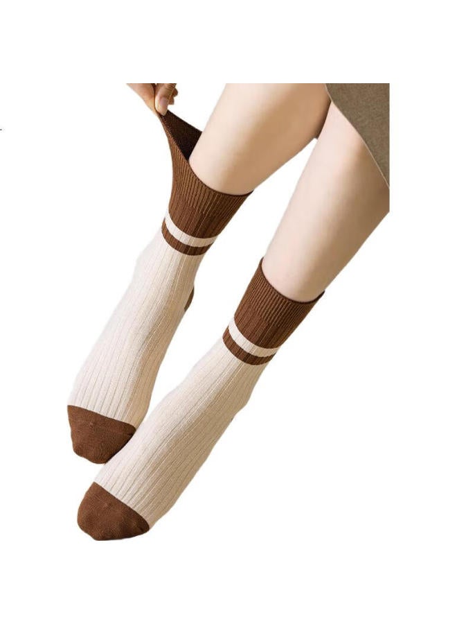 GUJIN (Gujin) 5 Pairs Of Women'S Autumn And Winter Mid-Tube Socks With Bear Embroidery Striped Long Tube Cotton Socks For Girls - Image 2