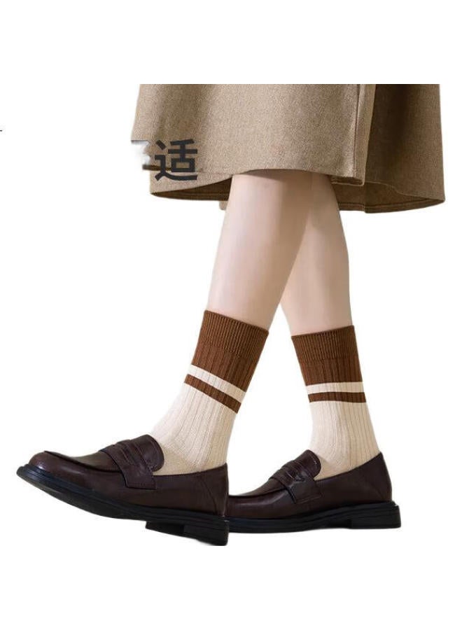 GUJIN (Gujin) 5 Pairs Of Women'S Autumn And Winter Mid-Tube Socks With Bear Embroidery Striped Long Tube Cotton Socks For Girls - Image 3