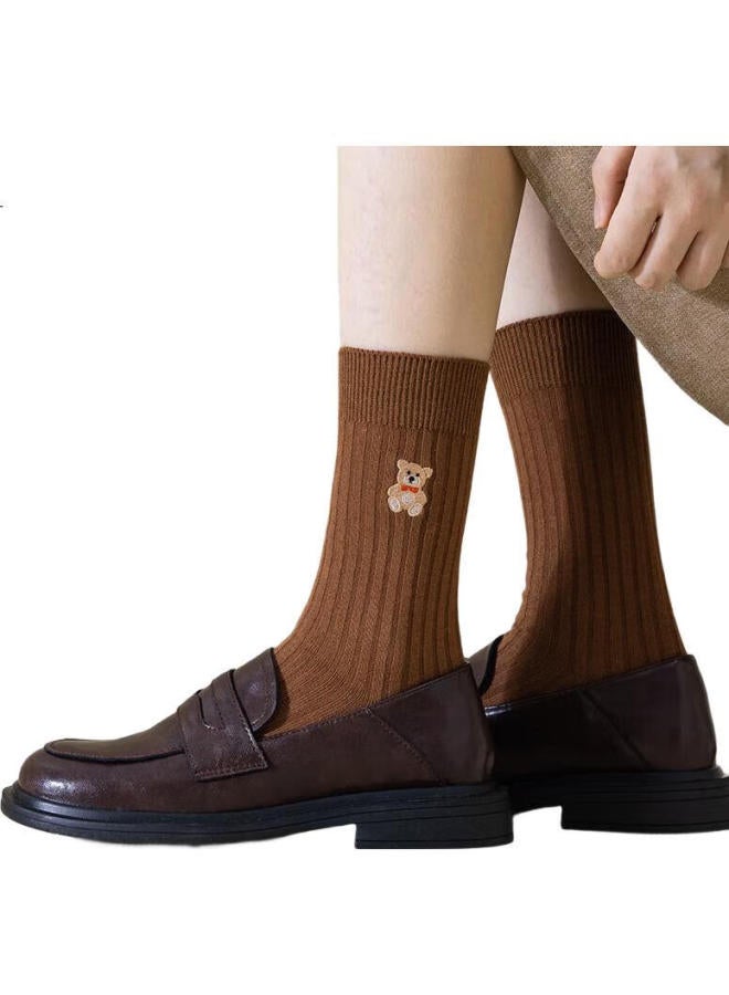 GUJIN (Gujin) 5 Pairs Of Women'S Autumn And Winter Mid-Tube Socks With Bear Embroidery Striped Long Tube Cotton Socks For Girls - Image 1