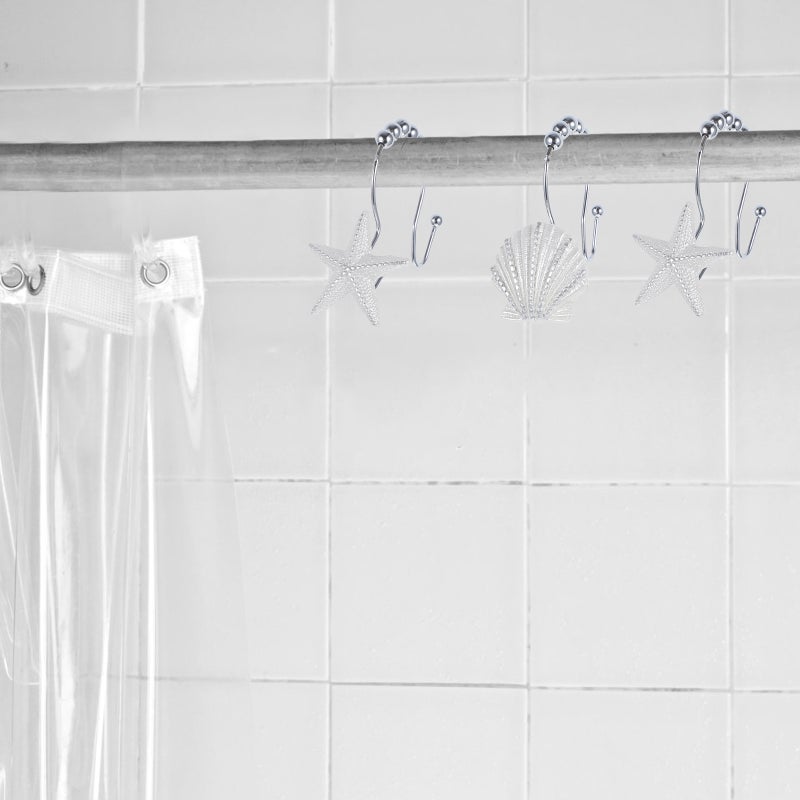 12 Pcs Brown Shower Curtain Hooks Bathroom Curtain Hangers with Ocean Themed Seahorse Seashell Designs(Mixed Style) - Image 1
