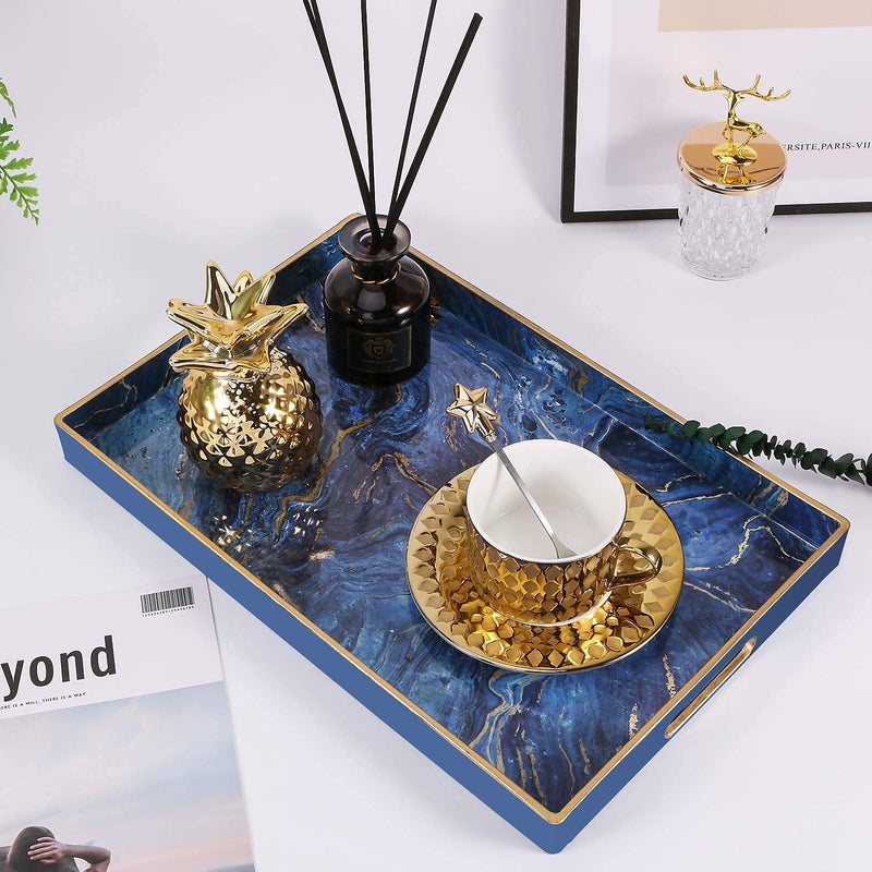 Zosenley Decorative Tray, Marbling Plastic Tray with Handles, Rectangular Vanity Tray and Serving Tray for Bathroom, Kitchen, Ottoman and Coffee Table, 15.6â€ x 10.2â€, Blue - Image 5