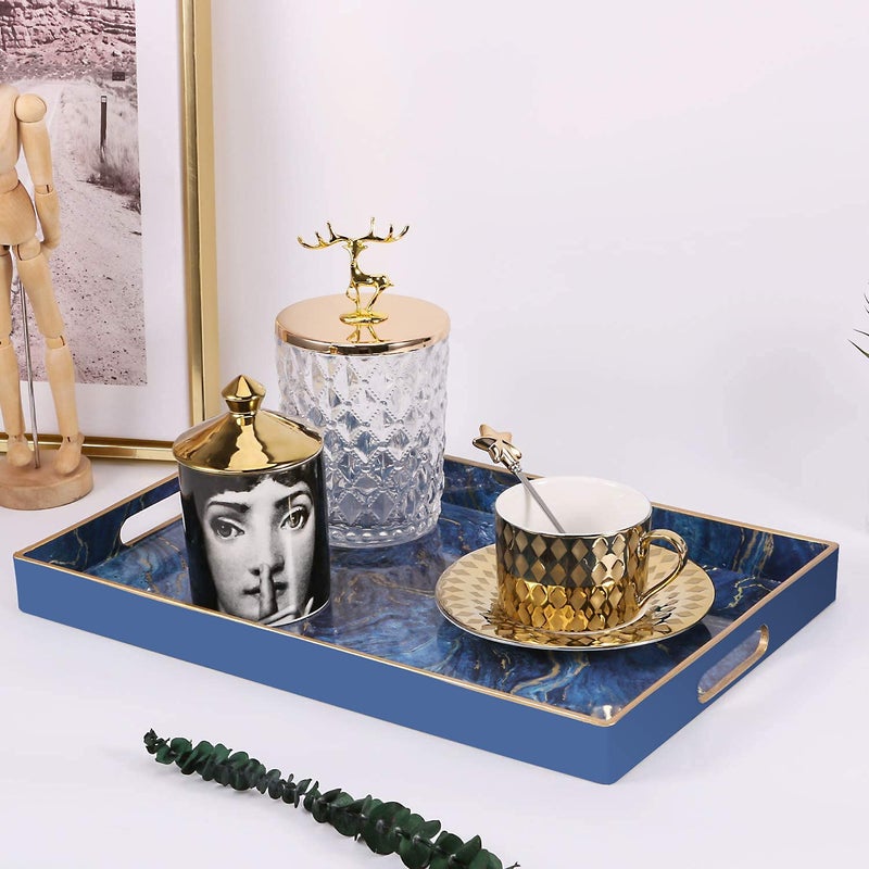 Zosenley Decorative Tray, Marbling Plastic Tray with Handles, Rectangular Vanity Tray and Serving Tray for Bathroom, Kitchen, Ottoman and Coffee Table, 15.6â€ x 10.2â€, Blue - Image 4