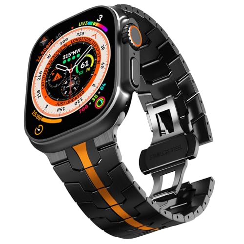CHANCHY Stainless Steel Band for Apple Watch Band Apple Watch Ultra 3/2/1 Band 49mm, Series 11/10 46mm, 9/8/7 45mm, SE3/SE2/SE 6/5/4 44mm, 3/2/1 42mm, Metal Strap with Folding Clasp for Men, BlackGold - Image 1