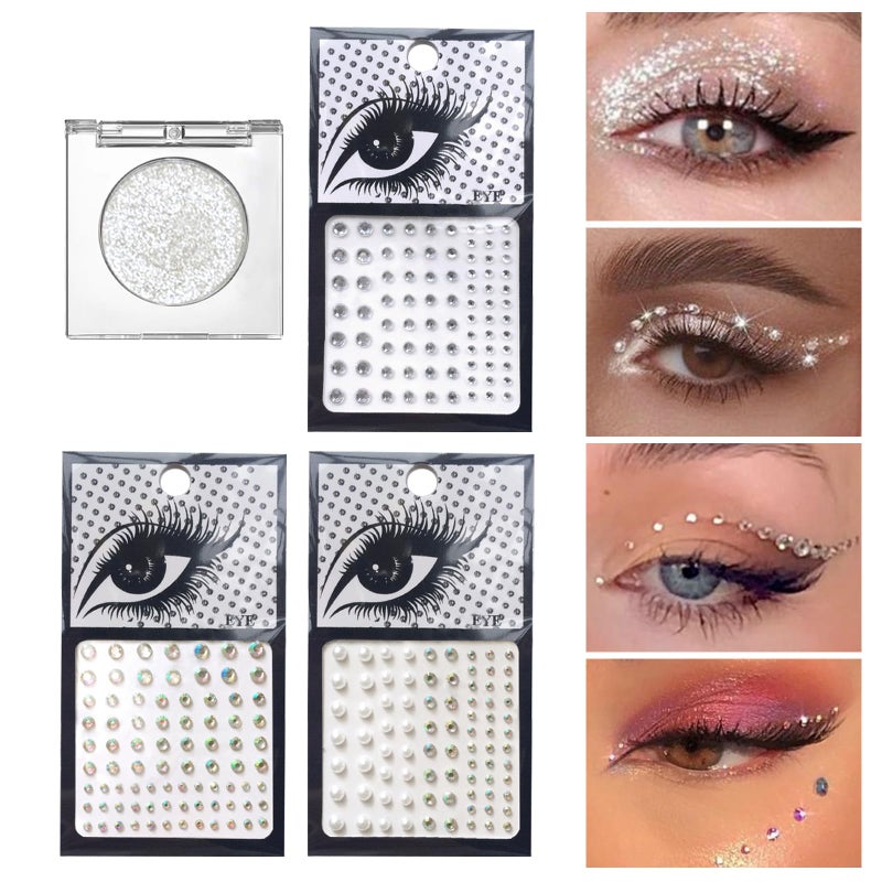 VOTACOS Silver Glitter Eyeshadow & 3Pcs Face Gems Stick on Set, Shimmer Cream Eye Shadow & Hair Jewels Face Rhinestones, Single Eyeshadow Palette & Body Gems Diamonds for Eye Makeup - Image 1