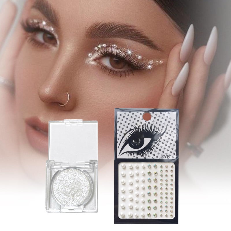 VOTACOS Silver Glitter Eyeshadow & 3Pcs Face Gems Stick on Set, Shimmer Cream Eye Shadow & Hair Jewels Face Rhinestones, Single Eyeshadow Palette & Body Gems Diamonds for Eye Makeup - Image 5