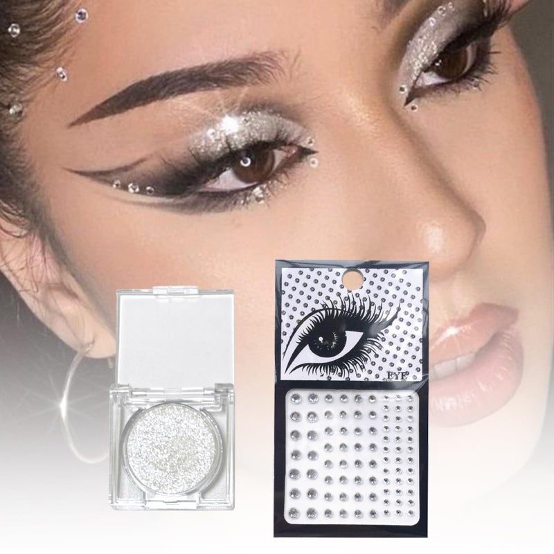 VOTACOS Silver Glitter Eyeshadow & 3Pcs Face Gems Stick on Set, Shimmer Cream Eye Shadow & Hair Jewels Face Rhinestones, Single Eyeshadow Palette & Body Gems Diamonds for Eye Makeup - Image 4