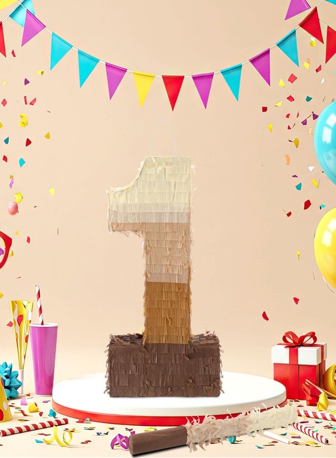 Arrowbash بيناتا رقم 1 من آروباش براون مع عصا وعصابة للعينين وقصاصات ورقية بنية متدرجة الألوان، مقاس 16 × 11 × 3 بوصة، قابلة للتعبئة، زينة معلقة لحفلات أعياد الميلاد الأولى والذكرى السنوية. - Image 2