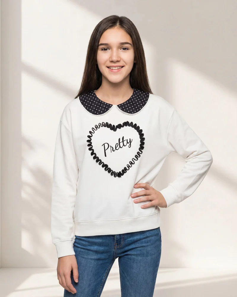 REDTAG Senior Girls White Peter Pan Collar Sweatshirt