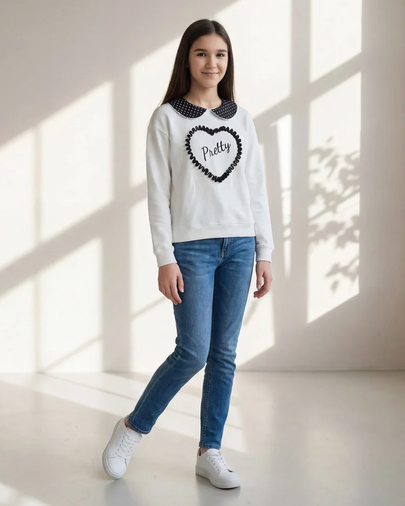 REDTAG Senior Girls White Peter Pan Collar Sweatshirt