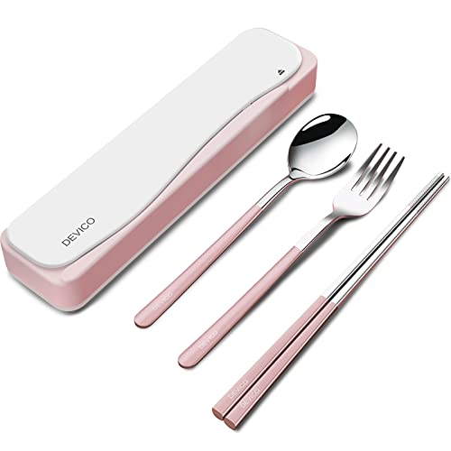 DEVICO Travel Utensils, 18/8 Stainless Steel 4pcs Cutlery Set Portable Camp Reusable Flatware Silverware, Include Fork Spoon Chopsticks with Case (Pink) - Image 1