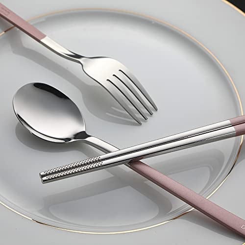 DEVICO Travel Utensils, 18/8 Stainless Steel 4pcs Cutlery Set Portable Camp Reusable Flatware Silverware, Include Fork Spoon Chopsticks with Case (Pink) - Image 4