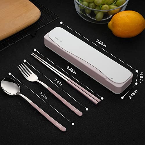 DEVICO Travel Utensils, 18/8 Stainless Steel 4pcs Cutlery Set Portable Camp Reusable Flatware Silverware, Include Fork Spoon Chopsticks with Case (Pink) - Image 3