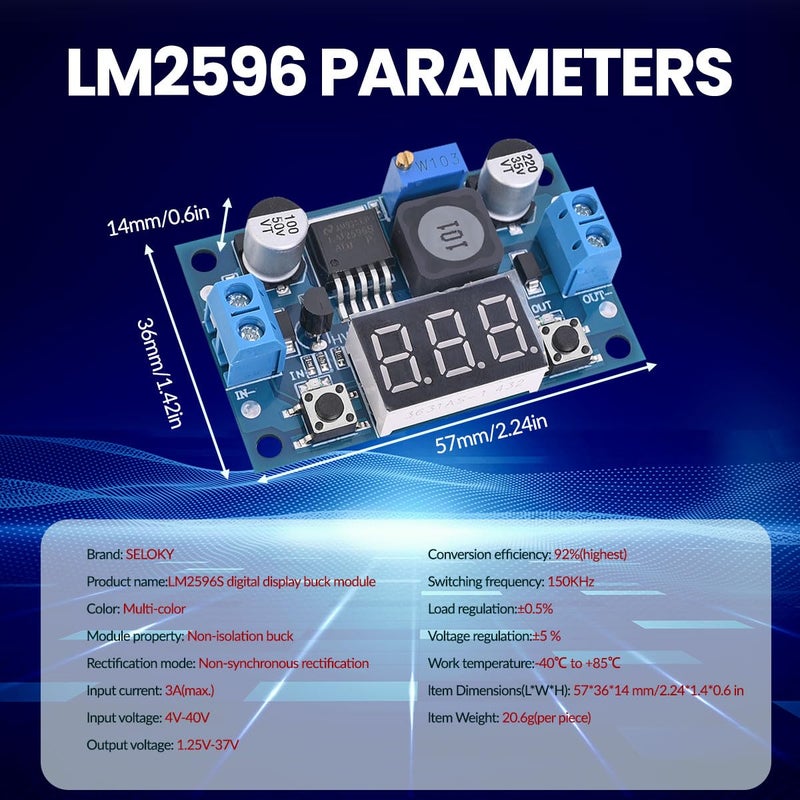 Seloky LM2596 Adjustable DC-DC Step-Down Buck Converter Module with LED Voltmeter Display, Voltage Regulator 4.0-40V Input to 1.25-37V Output Power Supply Module (Pack of 2) - Image 4