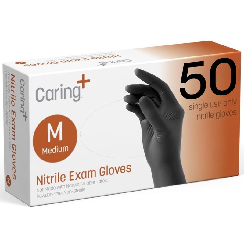 Caring Nitrile Exam Gloves, 50 Count, Powder Free and Not Made with Natural Rubber Latex, Gloves for Medical Use, Cleaning, Food Prep and More, Medium, Black - Image 1