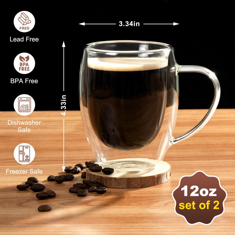 FrutPunch Double walled glass coffee mugs, Glass Coffee Mugs Set Of 2, Glass Coffee Cups with Handles, 12OZ, Suitable for Cappuccino, Latte, Espresso, Hot Drinks, Cold Drinks - Image 2