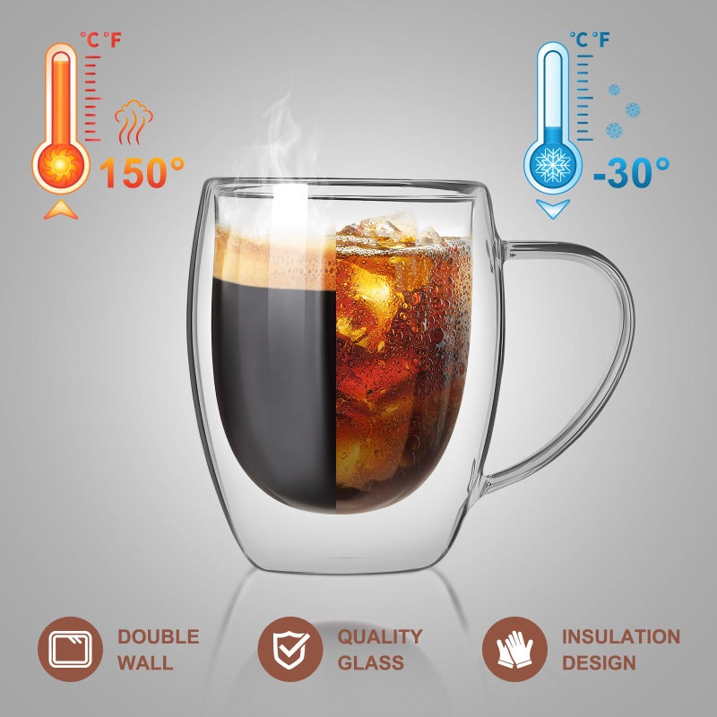 FrutPunch Double walled glass coffee mugs, Glass Coffee Mugs Set Of 2, Glass Coffee Cups with Handles, 12OZ, Suitable for Cappuccino, Latte, Espresso, Hot Drinks, Cold Drinks - Image 3