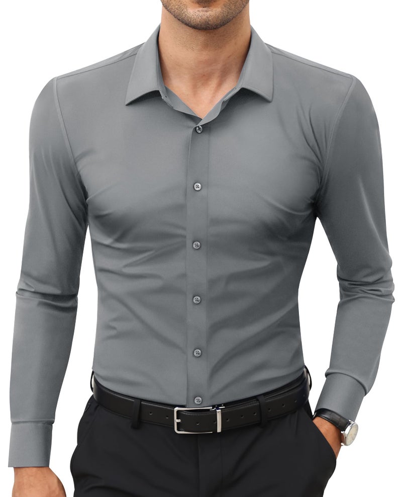 Lion Nardo Stretch Mens Dress Shirts Long Sleeve Slim Fit Dress Shirts for Men Muscle Fit Wrinkle Free Button Down Shirt Silver