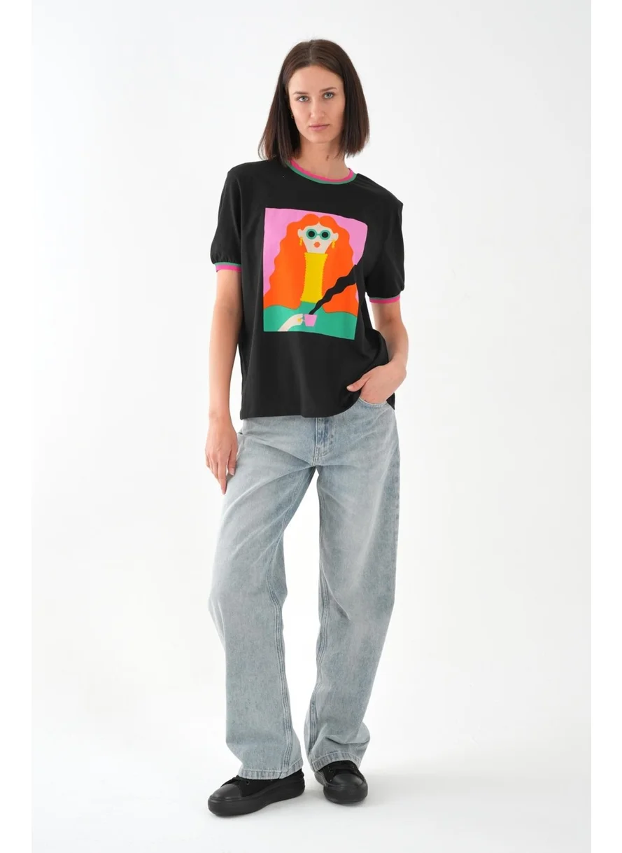 Alexander Gardi Alexandergardi Collar and Sleeve Detail Printed Women's T-Shirt