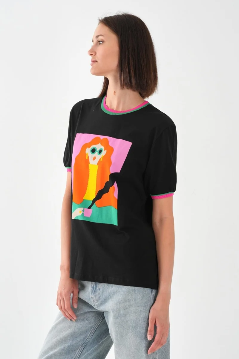 Alexander Gardi Alexandergardi Collar and Sleeve Detail Printed Women's T-Shirt