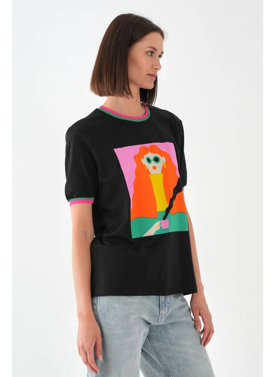 Alexander Gardi Alexandergardi Collar and Sleeve Detail Printed Women's T-Shirt