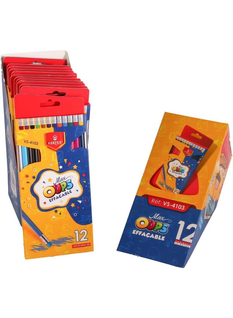 Vertex Long Wooden Color Box VS-4103, 12 Colors with Eraser, Stand/12