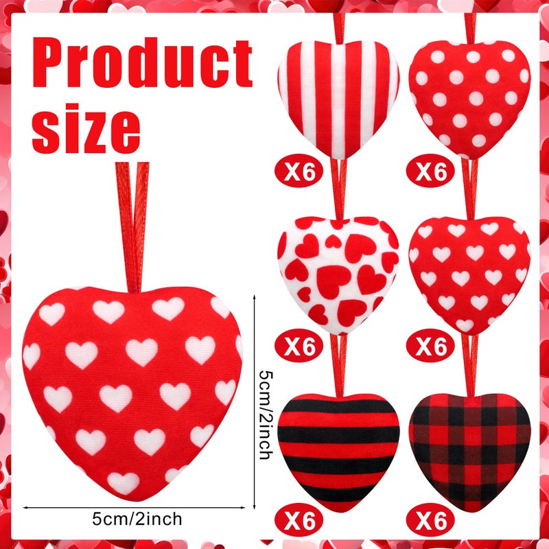peony man 36 PCS Valentines Fabric Heart Ornaments 2 Inch Red Black Heart Shaped Ornaments Buffalo Plaid Stripe Hearts Hanging Decoration for Tree Valentines Day Home Wedding Anniversary Party DIY Crafts Decor - Image 2