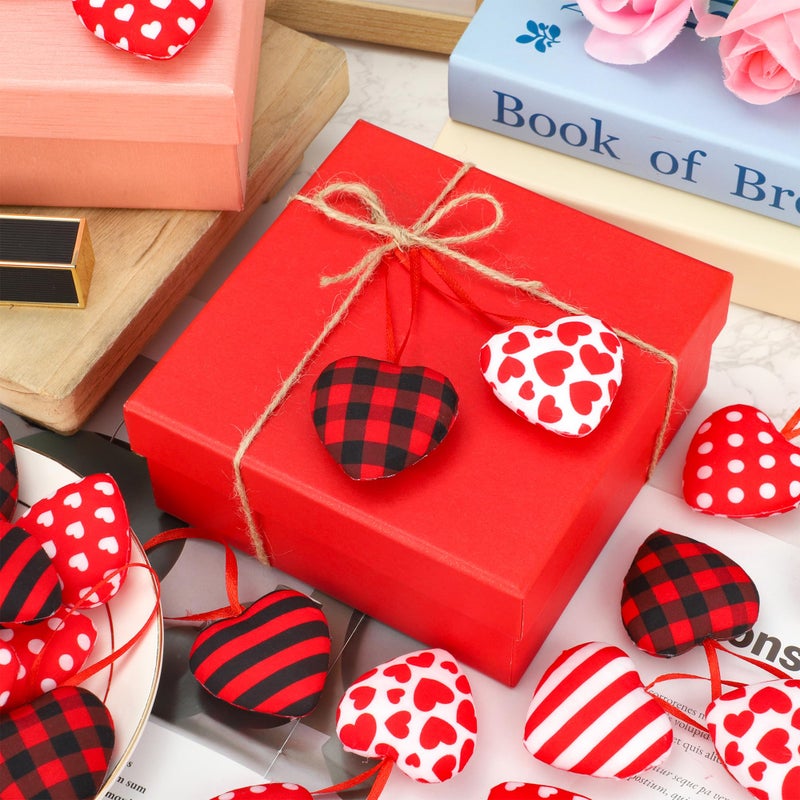 peony man 36 PCS Valentines Fabric Heart Ornaments 2 Inch Red Black Heart Shaped Ornaments Buffalo Plaid Stripe Hearts Hanging Decoration for Tree Valentines Day Home Wedding Anniversary Party DIY Crafts Decor - Image 4