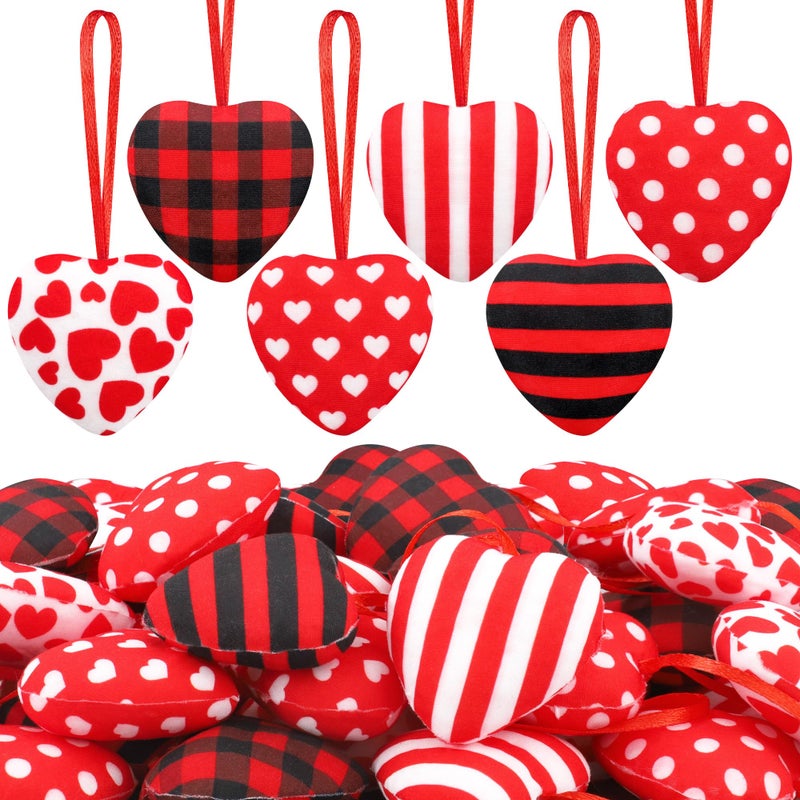 peony man 36 PCS Valentines Fabric Heart Ornaments 2 Inch Red Black Heart Shaped Ornaments Buffalo Plaid Stripe Hearts Hanging Decoration for Tree Valentines Day Home Wedding Anniversary Party DIY Crafts Decor - Image 1