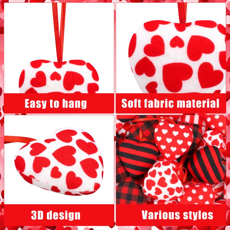 peony man 36 PCS Valentines Fabric Heart Ornaments 2 Inch Red Black Heart Shaped Ornaments Buffalo Plaid Stripe Hearts Hanging Decoration for Tree Valentines Day Home Wedding Anniversary Party DIY Crafts Decor - Image 3