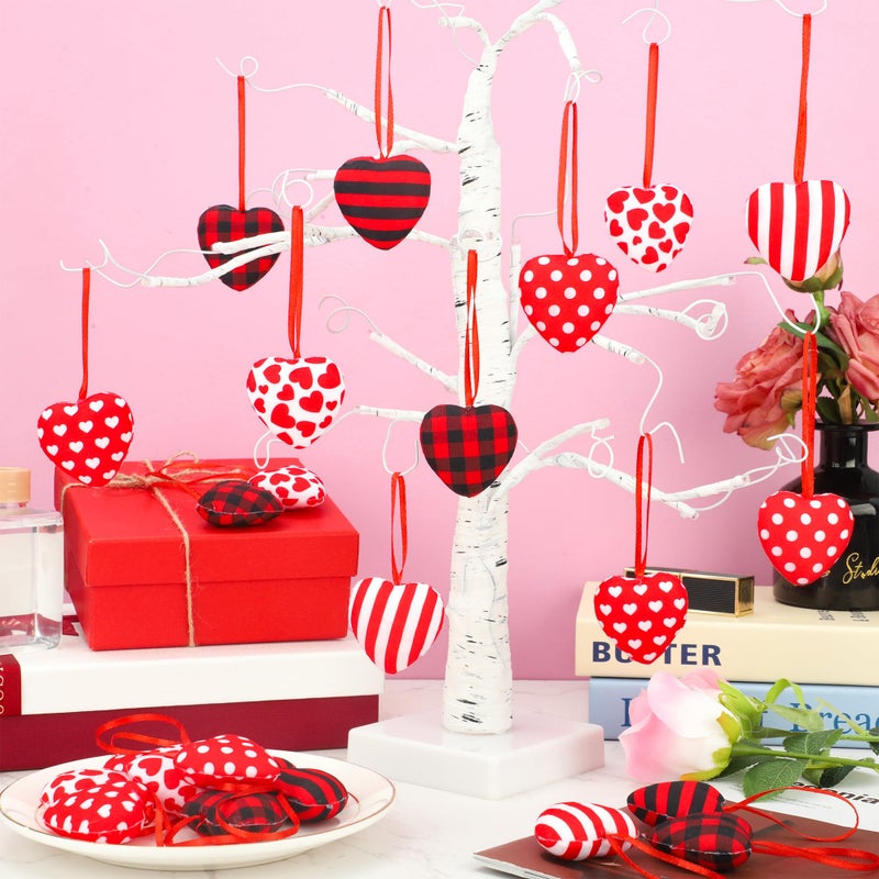 peony man 36 PCS Valentines Fabric Heart Ornaments 2 Inch Red Black Heart Shaped Ornaments Buffalo Plaid Stripe Hearts Hanging Decoration for Tree Valentines Day Home Wedding Anniversary Party DIY Crafts Decor - Image 5