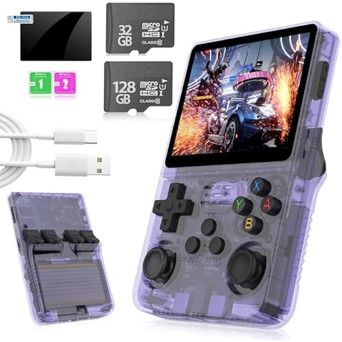 R36S HANDHELD RETRO GAMING CONSOLE LINUX SYSTEM WITH 32+128G TF CARD, PRELOADED WITH 20000+ CLASSIC GAMES，RETRO VIDEO GAME CONSOLE 3.5-INCH IPS SCREEN PURPLE TRANSPARENT, LINUX SYSTEM RETRO GAME - Image 1