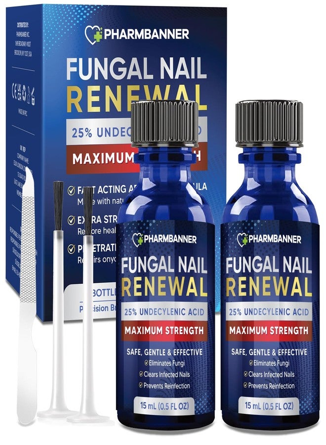 PHARMBANNER Nail Care Liquid with 25% Undecylenic Acid, 2-Pack Toe & Fingernail Appearance Care Kit with Brush Applicators & Nail File, Helps Improve the Look of Discolored, Thick & Brittle Nails - Image 1