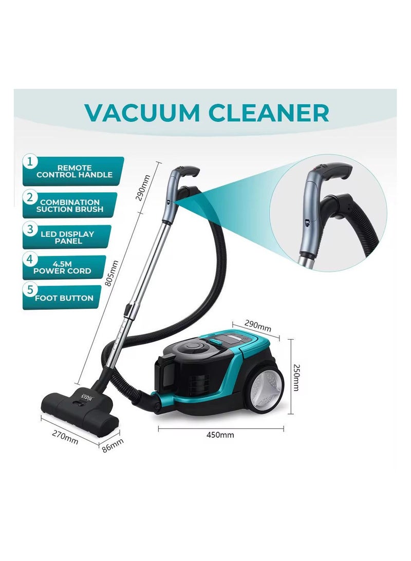 Winning Star Bagless Vacuum Cleaner, 2500W, Remote Control Handle, 4.5m Cord, LED Display, Automatic Cord Retraction, Black/Turquoise - Image 2