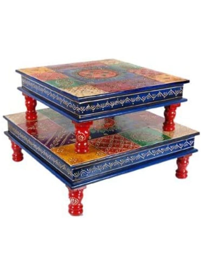 QUESERA Solid Wood Multicolor Square Pooja Chowki Handpainted Chowki for Temple Handcrafted Bajot Puja Stool  - Image 1