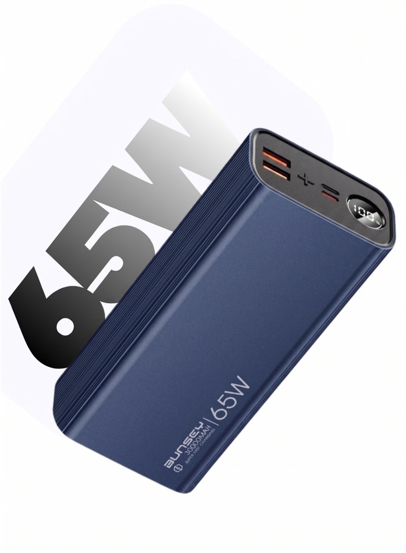 بونسي باور بانك بونسي بسعة 30000 مللي أمبير - شحن سريع 65 واط، منفذي USB + منفذي PD، مدخل مزدوج، 4 مخارج، شاحن عالي السرعة لأجهزة متعددة - متوافق مع أجهزة iPhone وSamsung وHuawei وXiaomi وجميع أجهزة USB-C | أزرق - Image 1