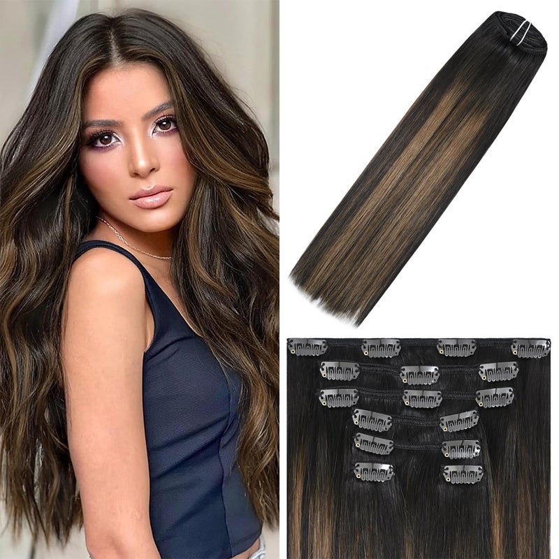 WindTouch Clip In Hair Extensions Human Hair Balayage Dark Brown to Chestnut Brown Highlights for Brown Hair 18Inch 75g 2T6P2 7PCS Hair Extensions Remy Hair