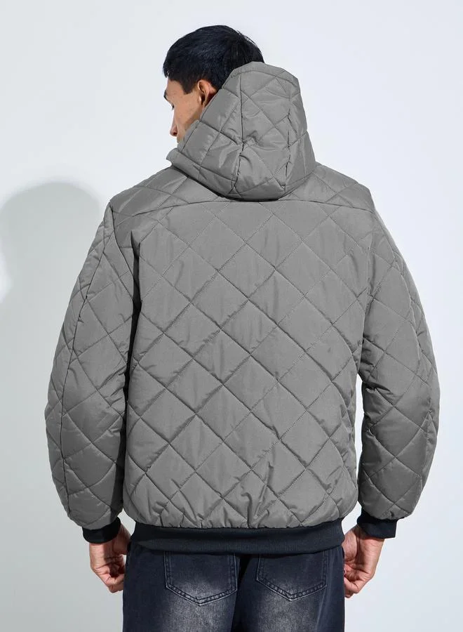 Styli  Grey Diagonal Quilted Hooded Puffer Jacket for Men | Best Price UAE