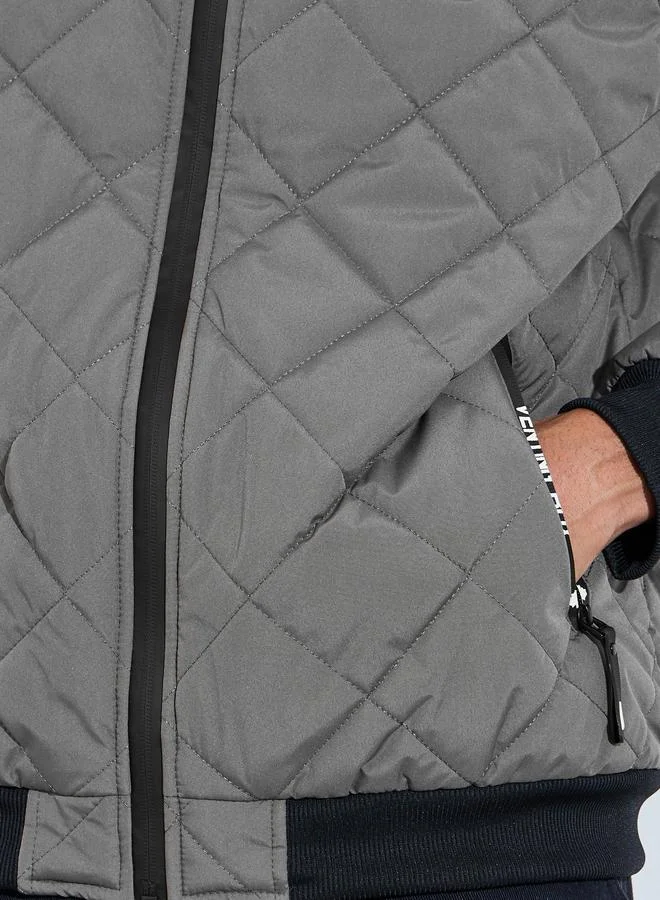 Styli  Grey Diagonal Quilted Hooded Puffer Jacket for Men | Best Price UAE