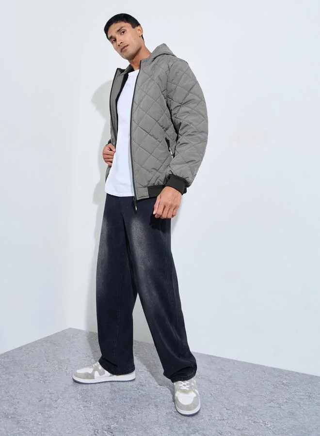 ستايلي Grey Diagonal Quilted Hooded Puffer Jacket