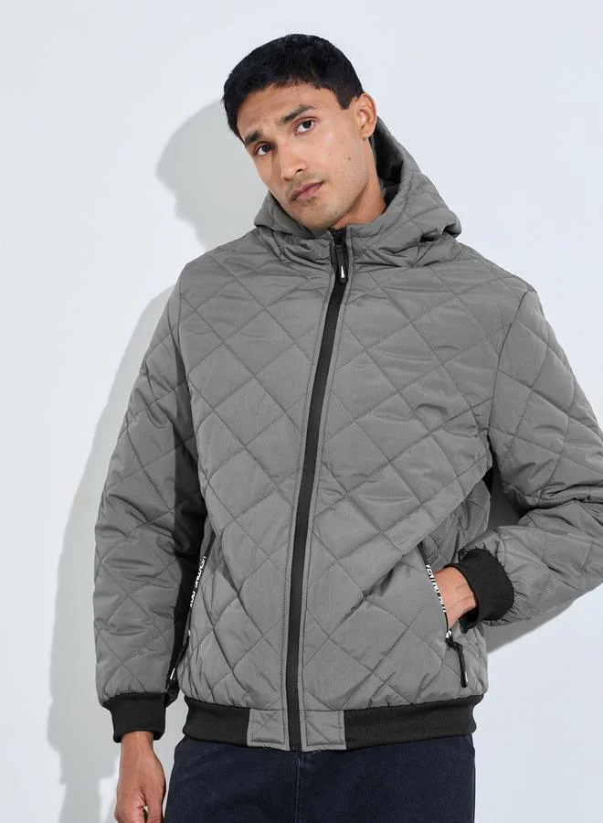 Styli  Grey Diagonal Quilted Hooded Puffer Jacket for Men | Best Price UAE