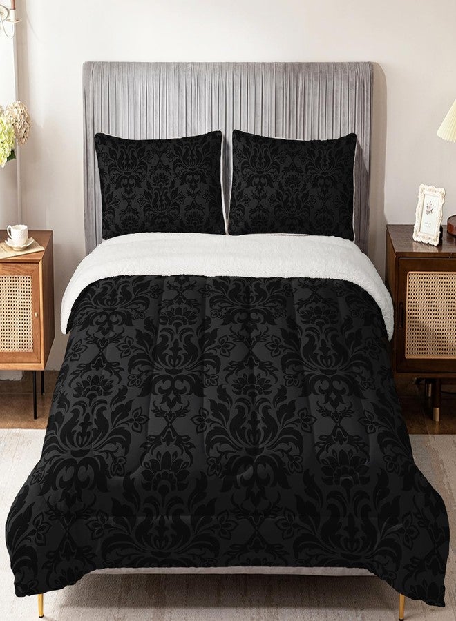QOOMO Bohemian Exotic Sherpa Comforter, Adults Black Damask Plush Warm Fall Winter Bedding Comforter Sets, Antique Victorian Baroque Sherpa Full/Queen Comforter Set, 3 Piece Set - Image 2