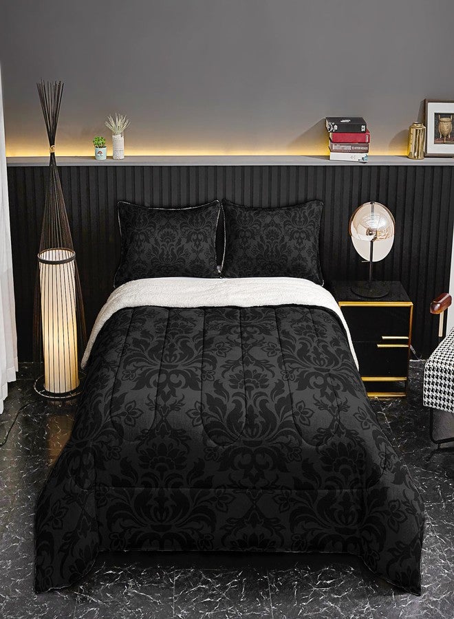 QOOMO Bohemian Exotic Sherpa Comforter, Adults Black Damask Plush Warm Fall Winter Bedding Comforter Sets, Antique Victorian Baroque Sherpa Full/Queen Comforter Set, 3 Piece Set - Image 4