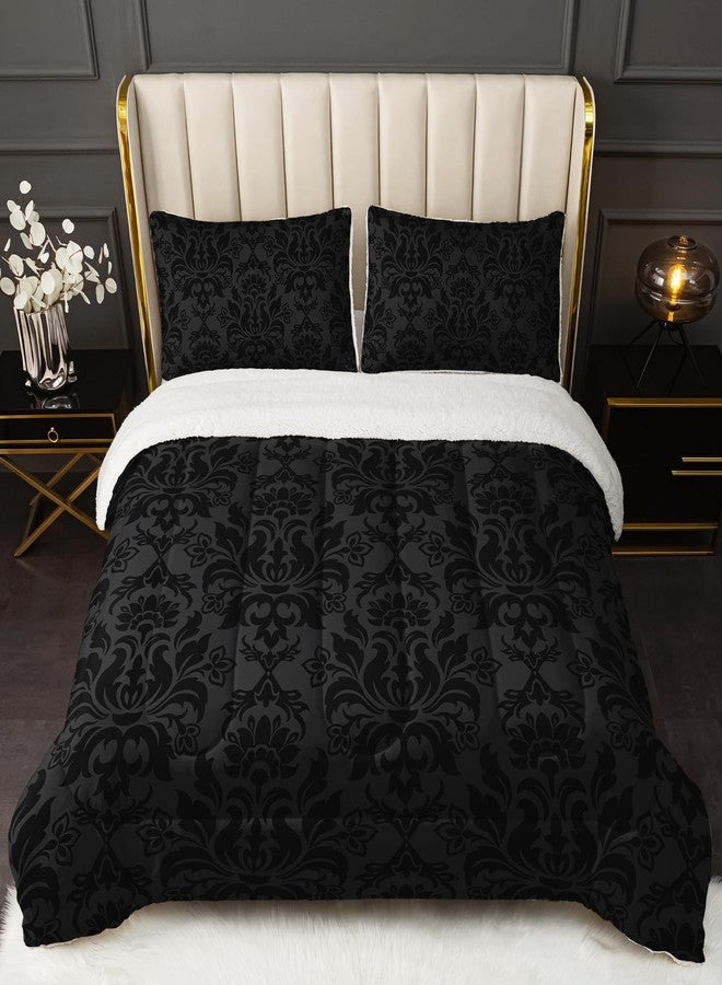 QOOMO Bohemian Exotic Sherpa Comforter, Adults Black Damask Plush Warm Fall Winter Bedding Comforter Sets, Antique Victorian Baroque Sherpa Full/Queen Comforter Set, 3 Piece Set - Image 1