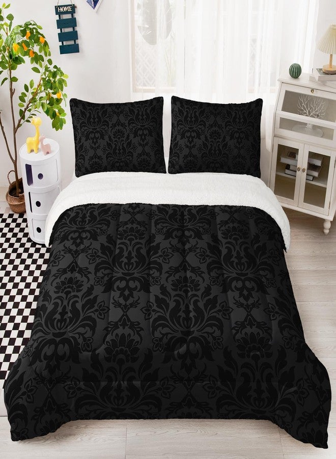 QOOMO Bohemian Exotic Sherpa Comforter, Adults Black Damask Plush Warm Fall Winter Bedding Comforter Sets, Antique Victorian Baroque Sherpa Full/Queen Comforter Set, 3 Piece Set - Image 3