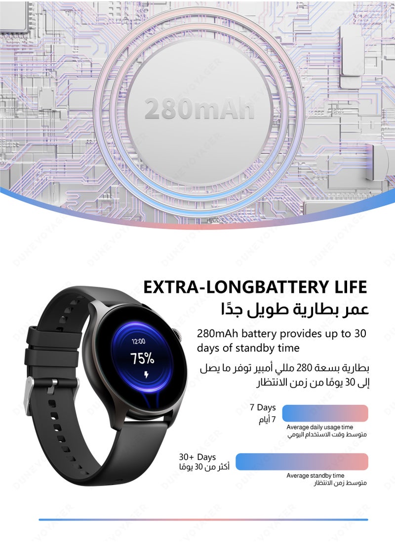 مسافر الكثبان - ساعة ذكية بشاشة AMOLED عالية الدقة، بطارية 280mAh، للرجال والنساء، أوضاع رياضية متعددة، مقاومة للماء IP68، مكالمات بلوتوث HD، مراقبة معدل ضربات القلب والأكسجين في الدم، تتبع GPS، ساعة ذكية فائقة أسود - Image 1